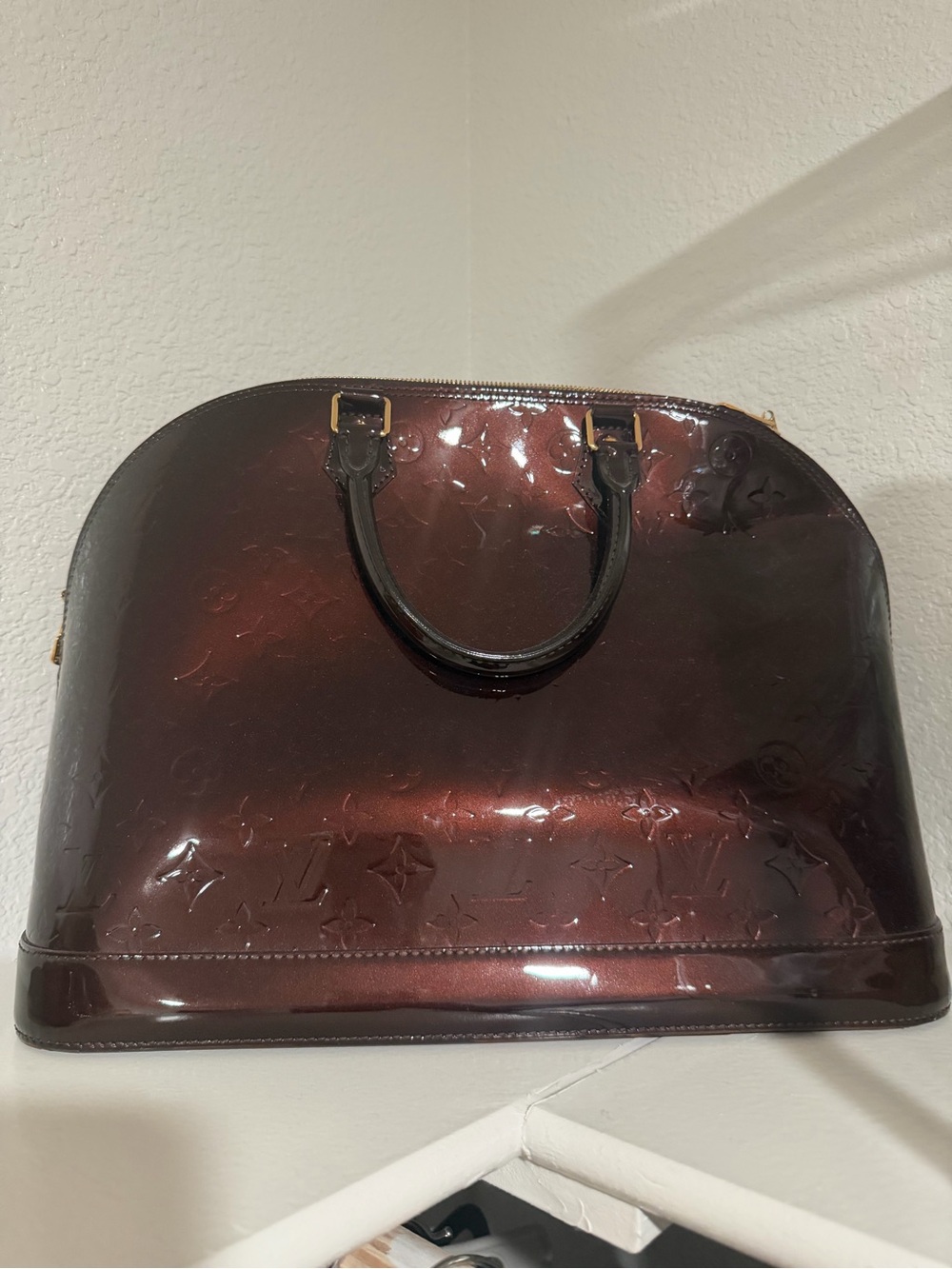 Louis Vuitton Shiny Bordeaux Patent Alma Satchel with Black Handles